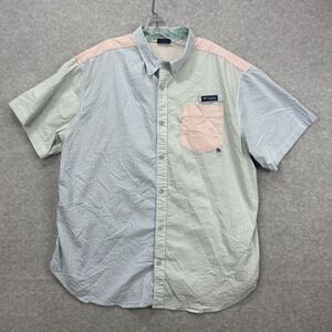 Columbia PFG Shirt Mens XL Blue Green Pink Stripe Color Block Seersucker Fishing